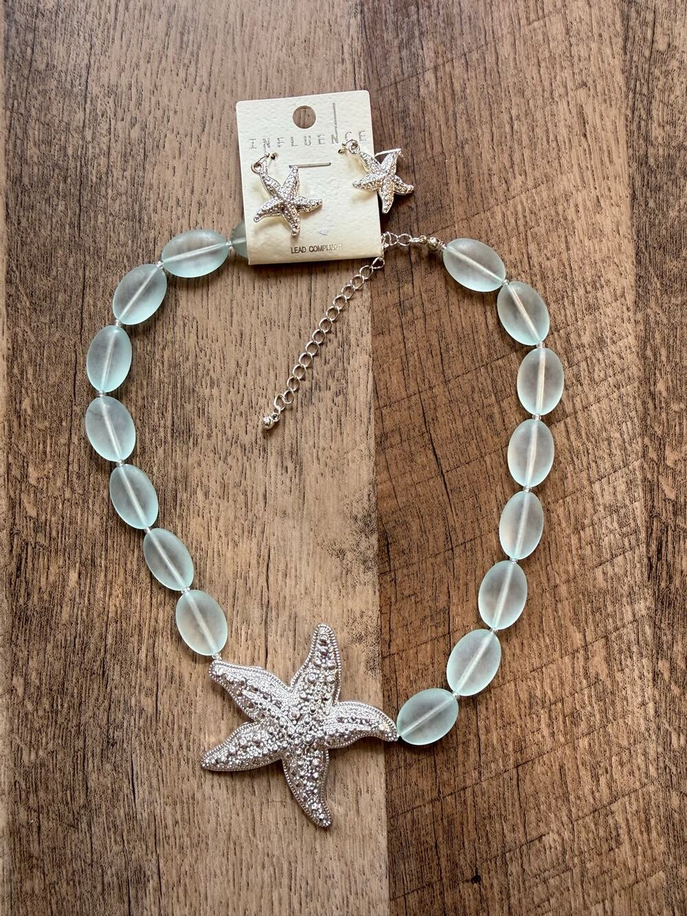 Influence Starfish Necklace Earrings Set Aqua Blue Silver Tone Coastal Beach
